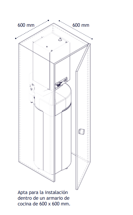 Uno de sus mayores diferenciales es su diseño, pensado para integrarse en la vivienda sin comprometer espacio. Gracias a sus dimensiones optimizadas, puede instalarse dentro de un armario de cocina estándar de 600x600 mm, algo poco habitual en sistemas de esta potencia.